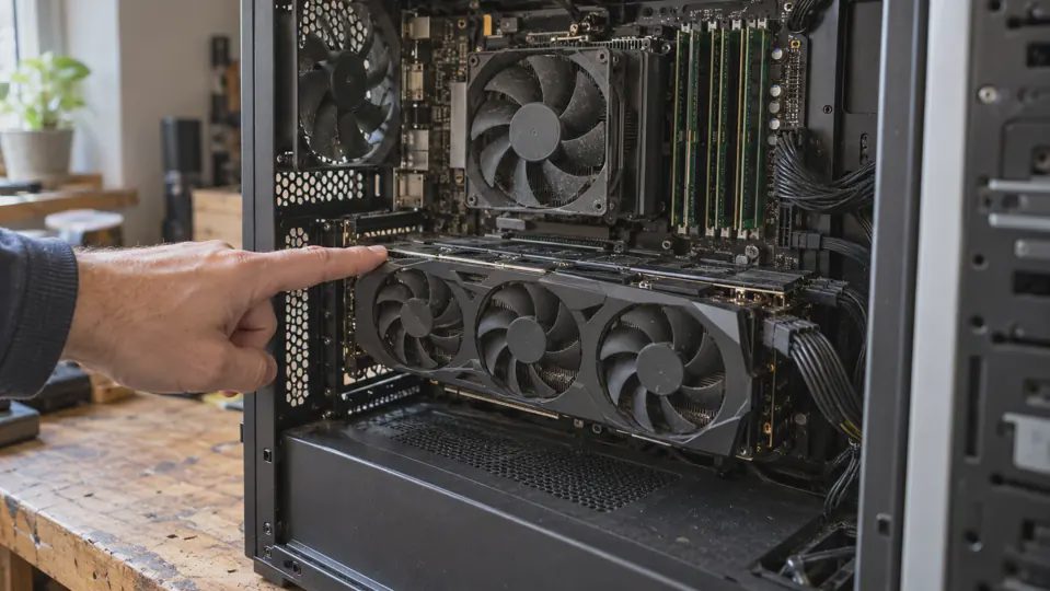 Hand pointing toward a graphics card inside an open desktop computer, with motherboard memory sticks visible.