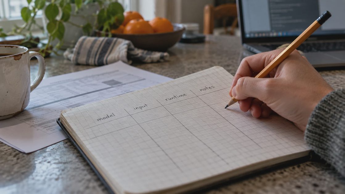 Hand holding a pencil over a grid notebook labeled model, input, runtime, and notes.