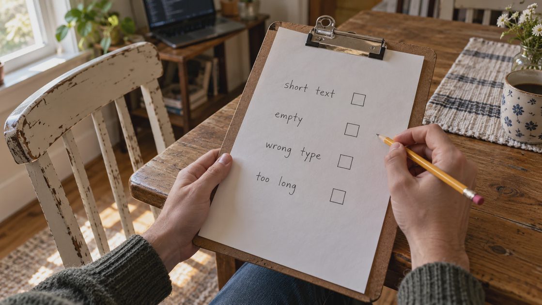 Hands holding a clipboard with unchecked short text, empty, wrong type, and too long test cases.