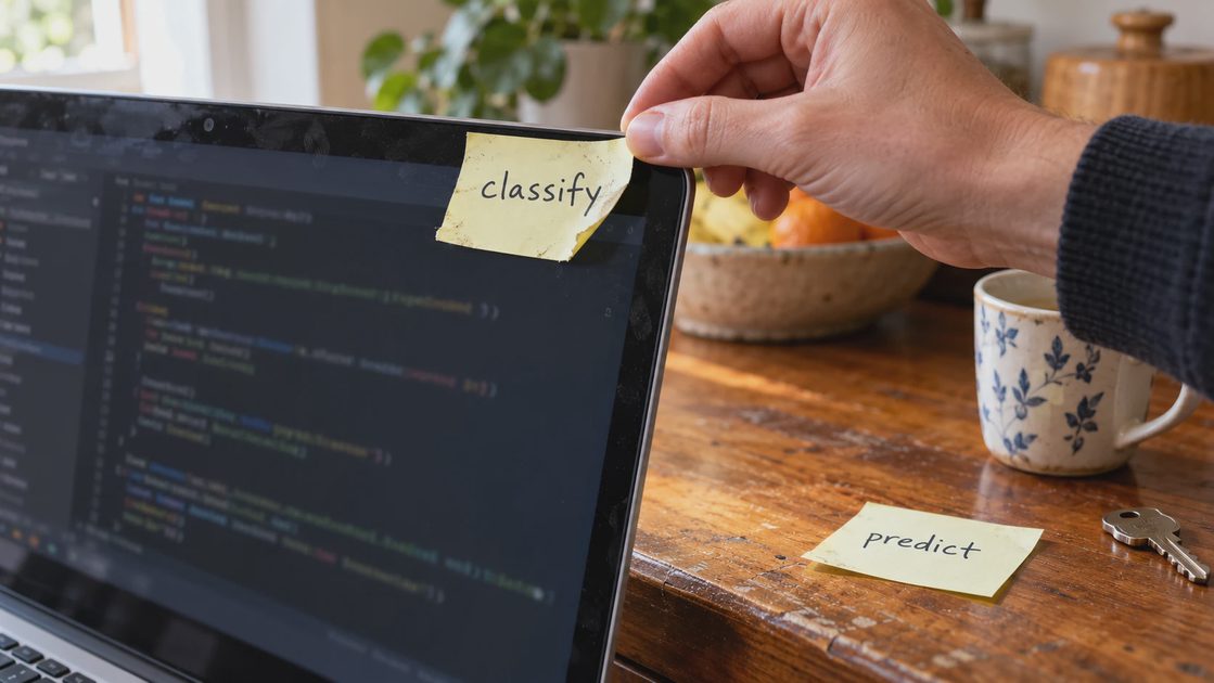 Replace Stale Deployment Instructions Hand removing a classify sticky note from a laptop bezel beside a predict note.