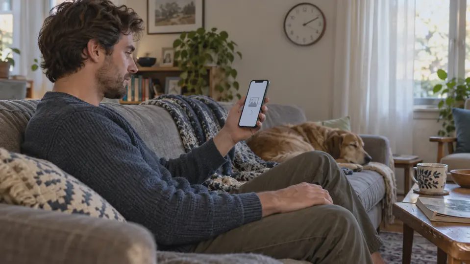 Person seated on a sofa looking at a phone with an image placeholder and loading indicator.