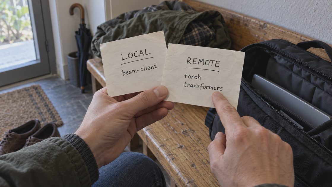 Hands holding cards listing beam-client under LOCAL and torch and transformers under REMOTE.